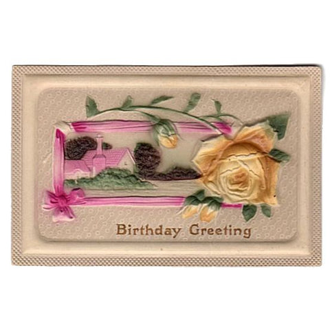 Vintage 1910s Birthday Greetings Postcard in Bas Relief with Yellow Rose and Pink Ribbon - Avid Vintage