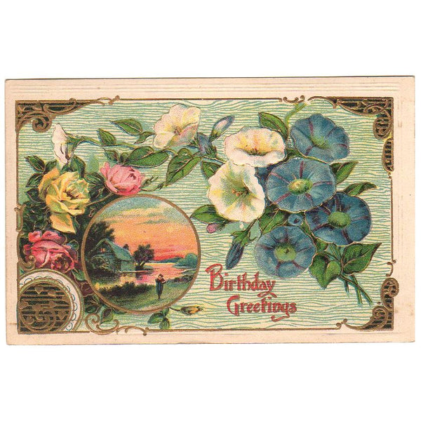 Birthday Greetings Old Vintage Postcard Roses Morning Glory Water Scene - Avid Vintage