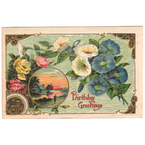 Birthday Greetings Old Vintage Postcard Roses Morning Glory Water Scene - Avid Vintage
