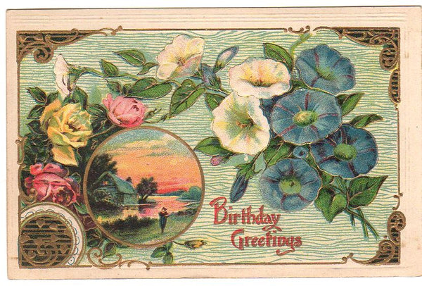 Birthday Greetings Old Vintage Postcard Roses Morning Glory Water Scene - Avid Vintage