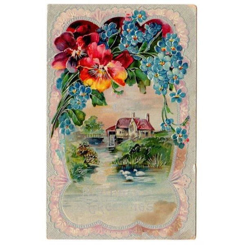Antique Birthday Greetings Embossed Postcard 1910s Water Wheel Red Blue Flowers - Avid Vintage