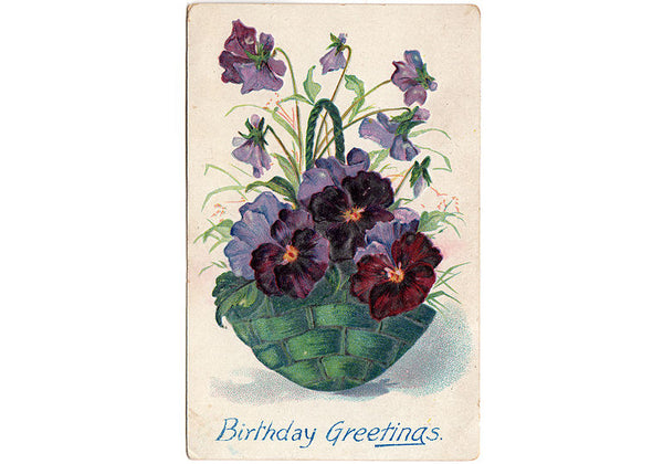 Antique Embossed Birthday Greetings Postcard Green Basket of Purple Pansies - Avid Vintage