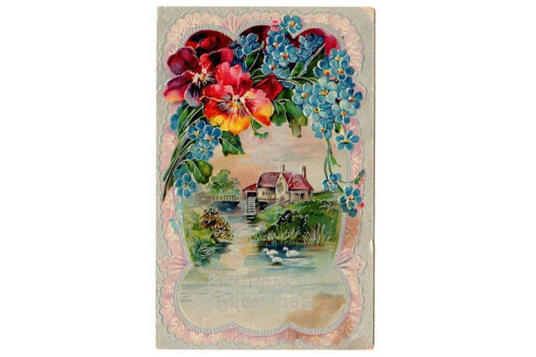 Antique Birthday Greetings Embossed Postcard 1910s Water Wheel Red Blue Flowers - Avid Vintage
