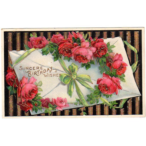 Birthday Wishes Antique Postcard Gold Foil Pink Roses Sealed Envelope Striped Background - Avid Vintage