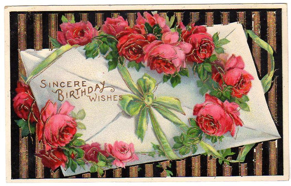 Birthday Wishes Antique Postcard Gold Foil Pink Roses Sealed Envelope Striped Background - Avid Vintage