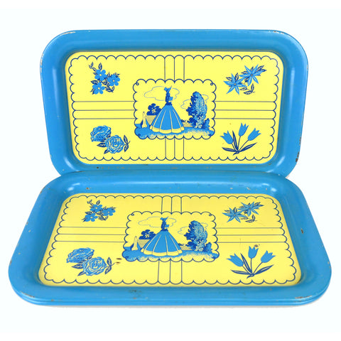 Vintage Metal Serving Trays Blue and Cream Floral and Woman in Bonnet Set of 3 - Avid Vintage