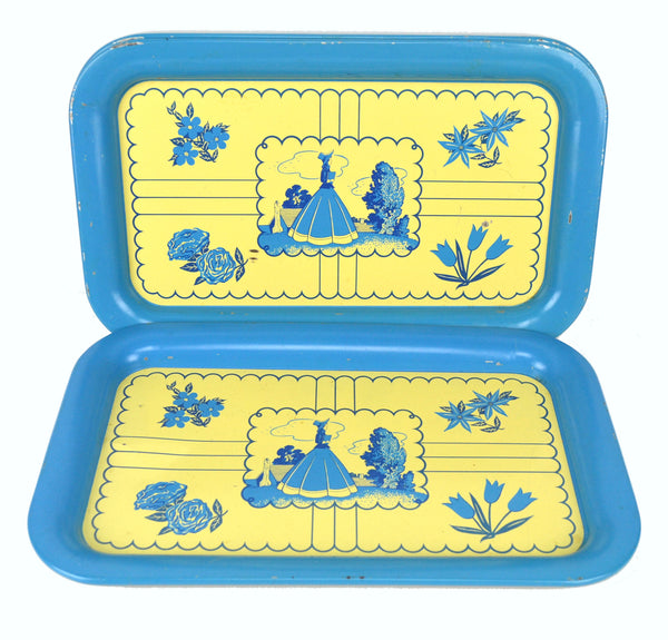 Vintage Metal Serving Trays Blue and Cream Floral and Woman in Bonnet Set of 3 - Avid Vintage