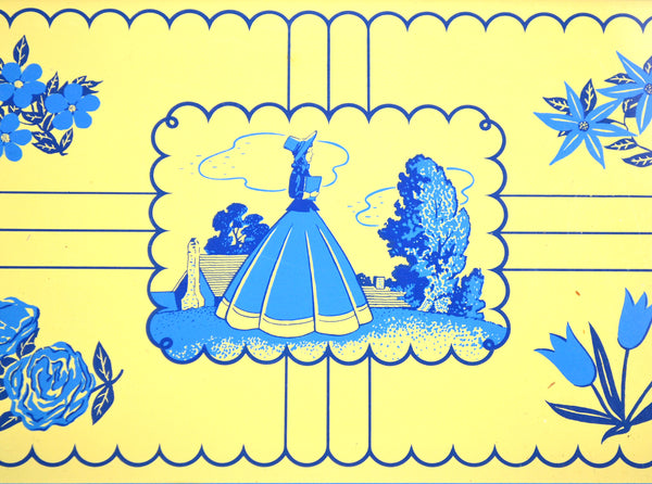 Vintage Metal Serving Trays Blue and Cream Floral and Woman in Bonnet Set of 3 - Avid Vintage