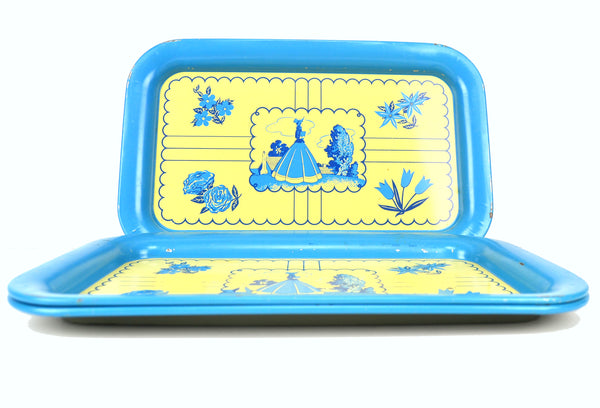 Vintage Metal Serving Trays Blue and Cream Floral and Woman in Bonnet Set of 3 - Avid Vintage