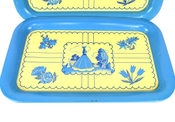 Vintage Metal Serving Trays Blue and Cream Floral and Woman in Bonnet Set of 3 - Avid Vintage
