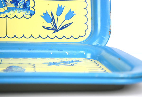Vintage Metal Serving Trays Blue and Cream Floral and Woman in Bonnet Set of 3 - Avid Vintage