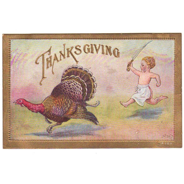 Boy Chef Chasing Turkey Vintage Embossed Thanksgiving Postcard Paper Ephemera - Avid Vintage