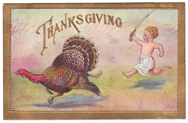 Boy Chef Chasing Turkey Vintage Embossed Thanksgiving Postcard Paper Ephemera - Avid Vintage