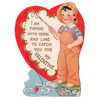Vintage 1950s Valentine's Day Card Boy Fishing Hook and Line - Avid Vintage