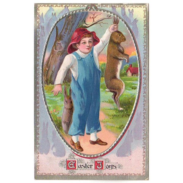 Boy Holds Rabbit by Ears Original Embossed Antique Easter Postcard - Avid Vintage