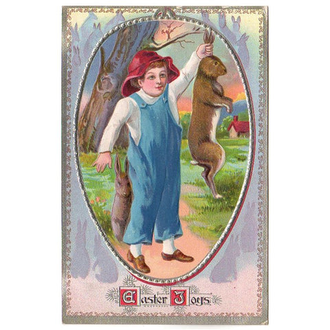 Boy Holds Rabbit by Ears Original Embossed Antique Easter Postcard - Avid Vintage