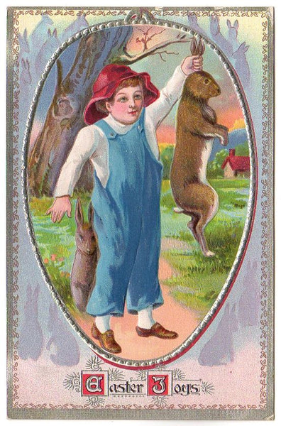 Boy Holds Rabbit by Ears Original Embossed Antique Easter Postcard - Avid Vintage