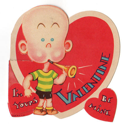 Vintage 1950s Valentine Card Little Boy with Brass Horn - Avid Vintage