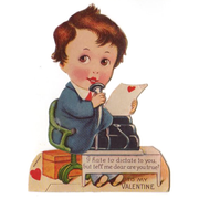 Boy at Dictation Machine Vintage Die Cut Mechanical Valentine's Day Card - Avid Vintage