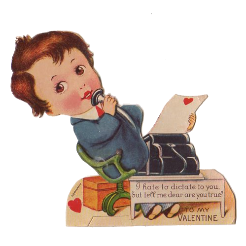 Boy at Dictation Machine Vintage Die Cut Mechanical Valentine's Day Card - Avid Vintage