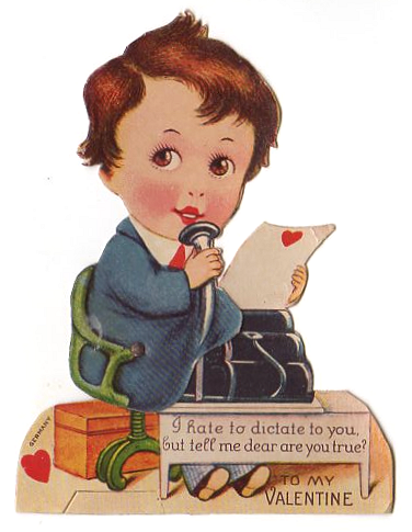 Boy at Dictation Machine Vintage Die Cut Mechanical Valentine's Day Card - Avid Vintage