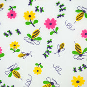Bumble Bees Fabric with Yellow and Pink Flowers on White Background Polyester 48 x 39 - Avid Vintage