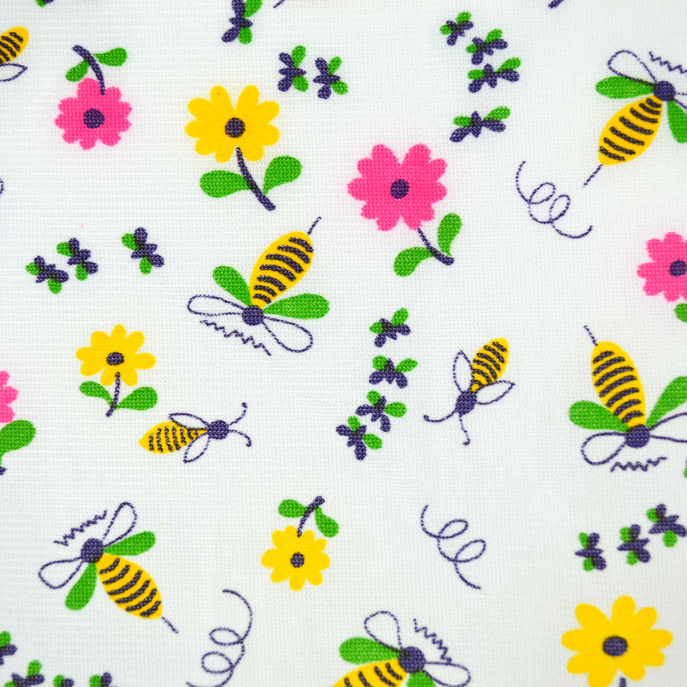 Bumble Bees Fabric with Yellow and Pink Flowers on White Background Polyester 48 x 39 - Avid Vintage