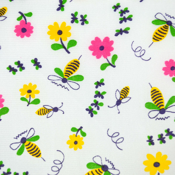 Bumble Bees Fabric with Yellow and Pink Flowers on White Background Polyester 48 x 39 - Avid Vintage