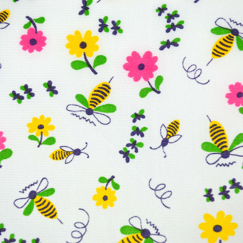 Bumble Bees Fabric with Yellow and Pink Flowers on White Background Polyester 48 x 39 - Avid Vintage