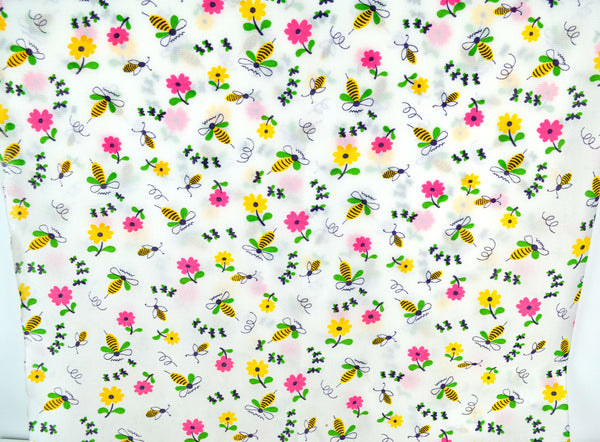 Bumble Bees Fabric with Yellow and Pink Flowers on White Background Polyester 48 x 39 - Avid Vintage