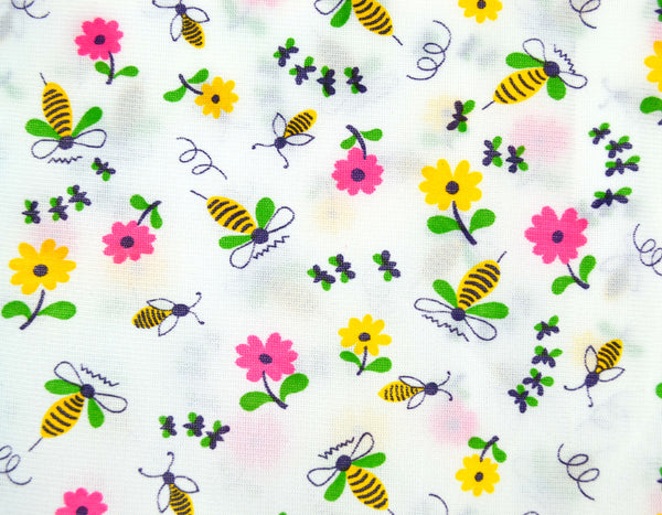 Bumble Bees Fabric with Yellow and Pink Flowers on White Background Polyester 48 x 39 - Avid Vintage