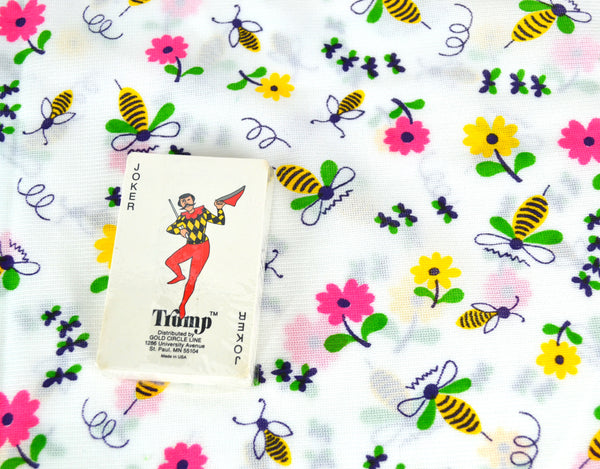 Bumble Bees Fabric with Yellow and Pink Flowers on White Background Polyester 48 x 39 - Avid Vintage