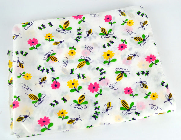 Bumble Bees Fabric with Yellow and Pink Flowers on White Background Polyester 48 x 39 - Avid Vintage