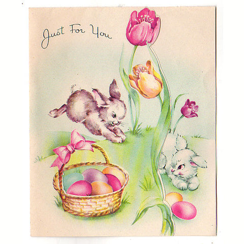 Bunnies Tulips Basket of Eggs Vintage 1950s Easter Greetings Card Used - Avid Vintage
