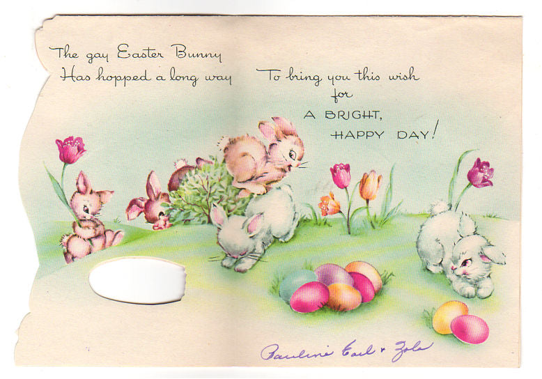 Bunnies Tulips Basket of Eggs Vintage 1950s Easter Greetings Card Used - Avid Vintage