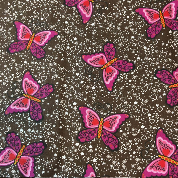 Butterfly Fabric Purple Pink Red Butterflies on Brown 44 x 1 Yard