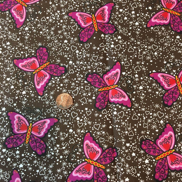 Butterfly Fabric Purple Pink Red Butterflies on Brown 44 x 1 Yard