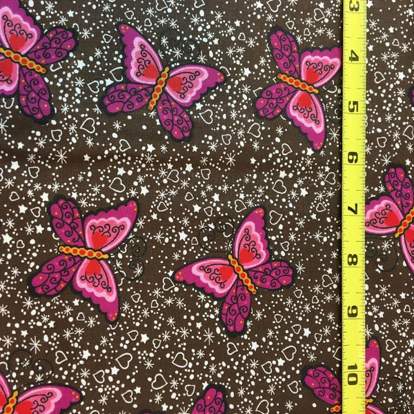 Butterfly Fabric Purple Pink Red Butterflies on Brown 44 x 1 Yard