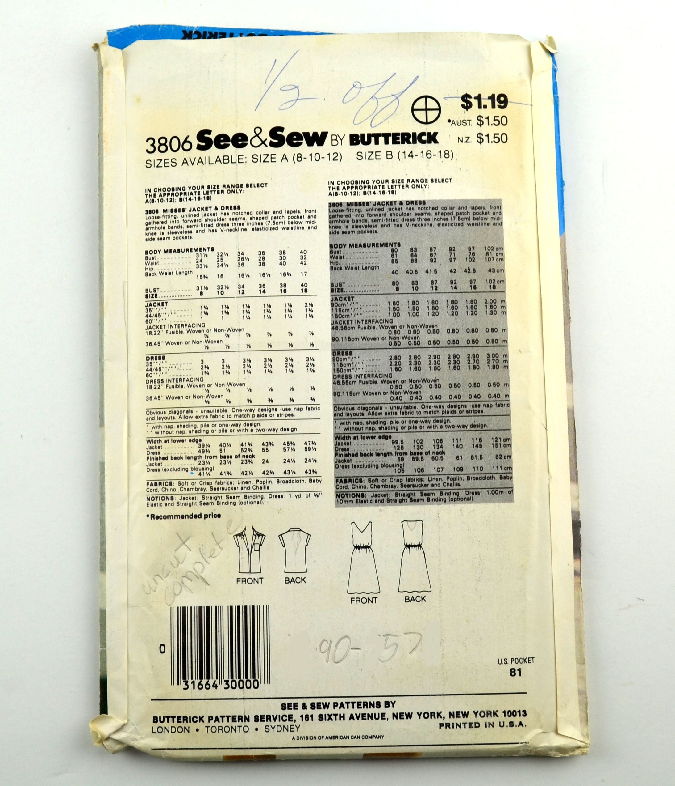 Butterick 3806 Misses Jacket Dress Vintage 1980s See & Sew Sewing Pattern - Avid Vintage