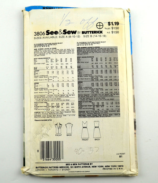 Butterick 3806 Misses Jacket Dress Vintage 1980s See & Sew Sewing Pattern - Avid Vintage