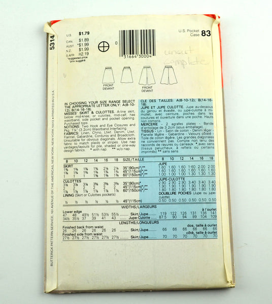 Butterick 5314 Womens Skirt Culottes Vintage 1980s See & Sew Sewing Pattern - Avid Vintage