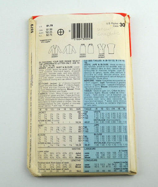 Vintage Butterick 5379 Misses Jacket Skirt Blouse 1985 Womens Sewing Pattern - Avid Vintage