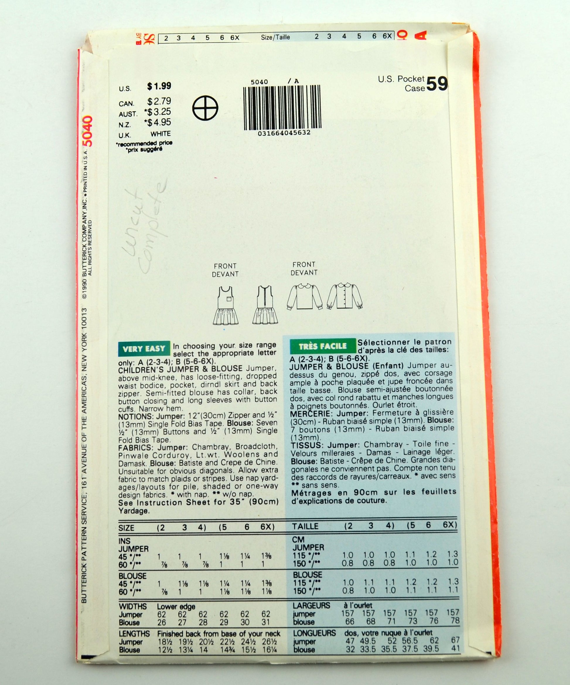 Butterick See & Sew 5040 Girls Jumper Blouse Vintage 1990 Sewing Pattern - Avid Vintage