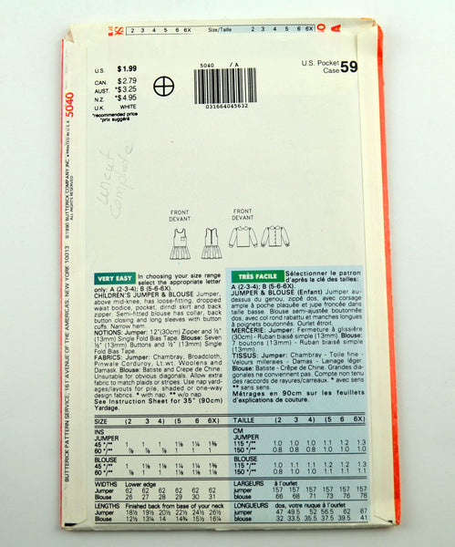Butterick See & Sew 5040 Girls Jumper Blouse Vintage 1990 Sewing Pattern - Avid Vintage