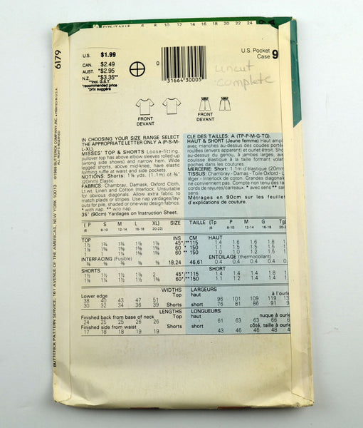 Butterick See & Sew 6179 Misses Top and Shorts 1988 Sewing Pattern - Avid Vintage