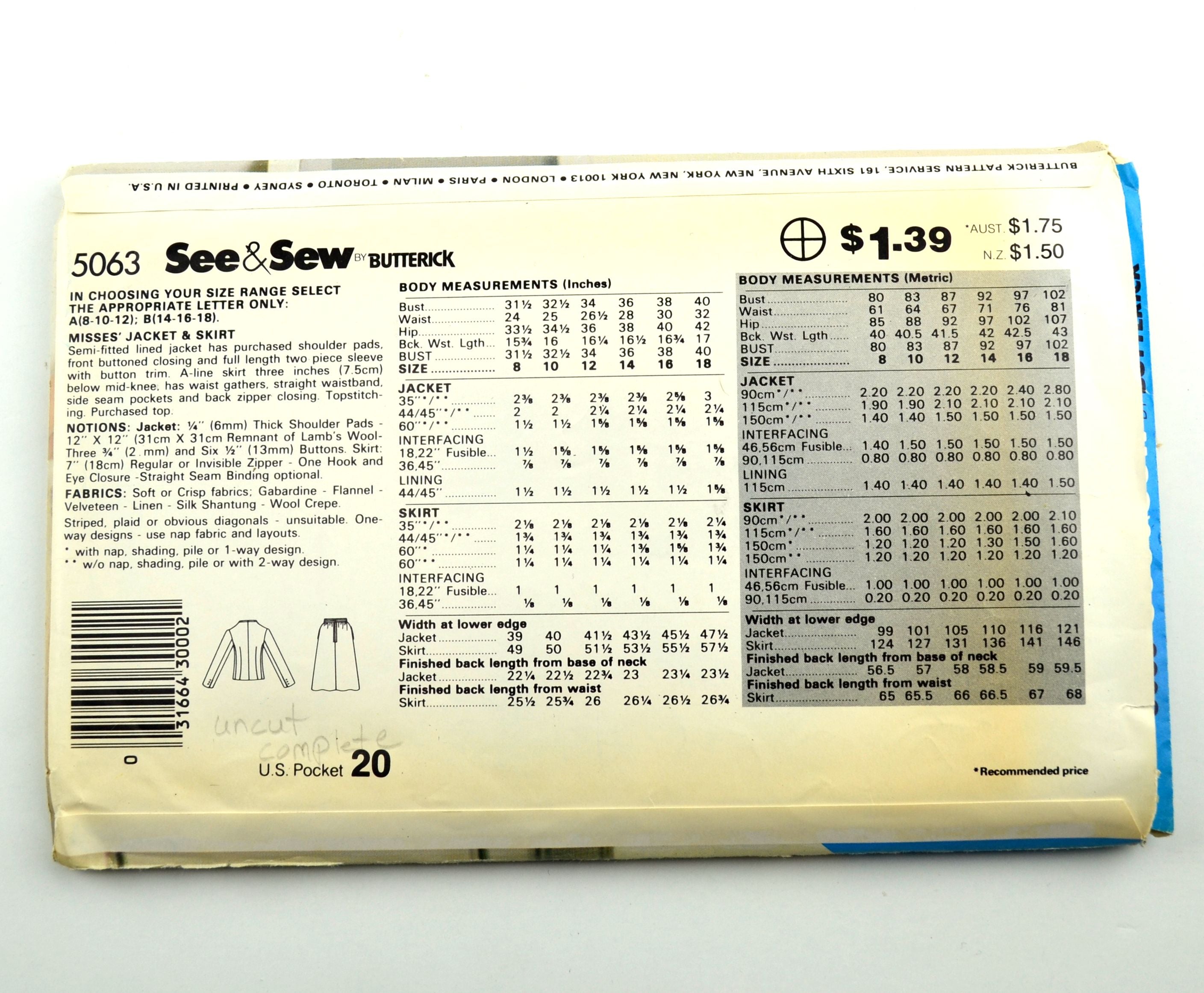 Butterick Sewing Pattern 5063 Misses Jacket Skirt 1980s Womens Fashion - Avid Vintage