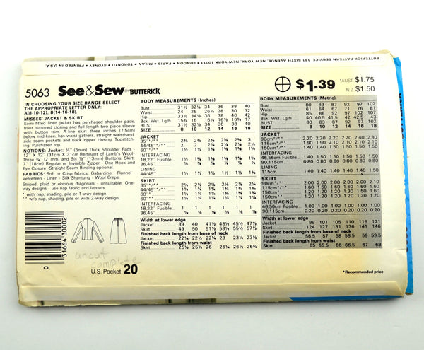 Butterick Sewing Pattern 5063 Misses Jacket Skirt 1980s Womens Fashion - Avid Vintage