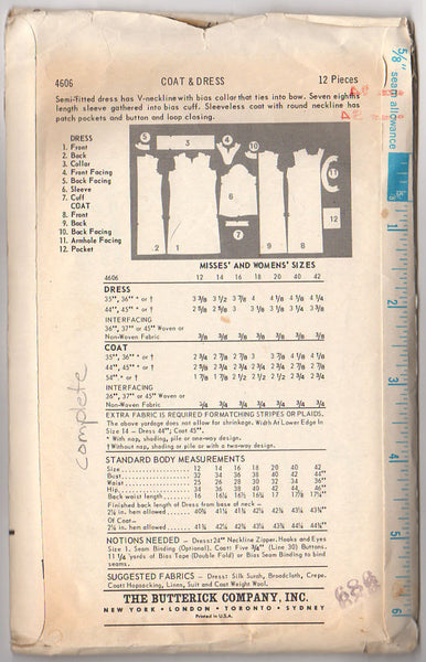 Vintage Butterick 4606 Sewing Pattern 1960s Ladies Coat and Dress Bust 34 - Avid Vintage