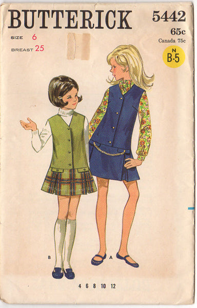 Vintage Butterick 5442 Sewing Pattern 1960s Girls Low Waisted Jumper Dress Size 6 - Avid Vintage