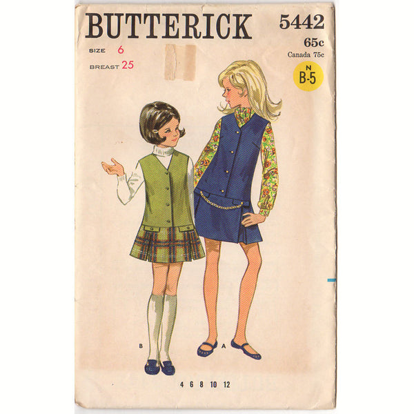 Vintage Butterick 5442 Sewing Pattern 1960s Girls Low Waisted Jumper Dress Size 6 - Avid Vintage